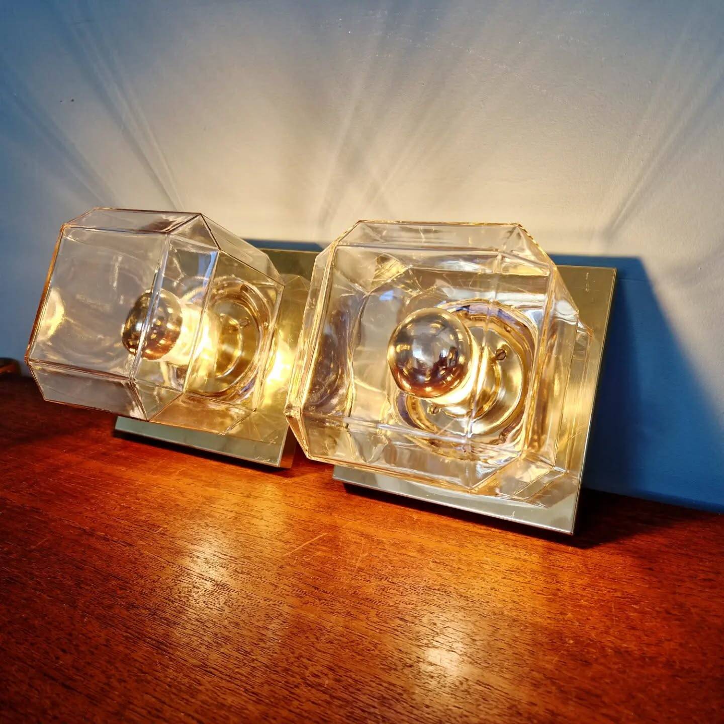 Pair of wall sconces in glass and brass, Limburg, 1970