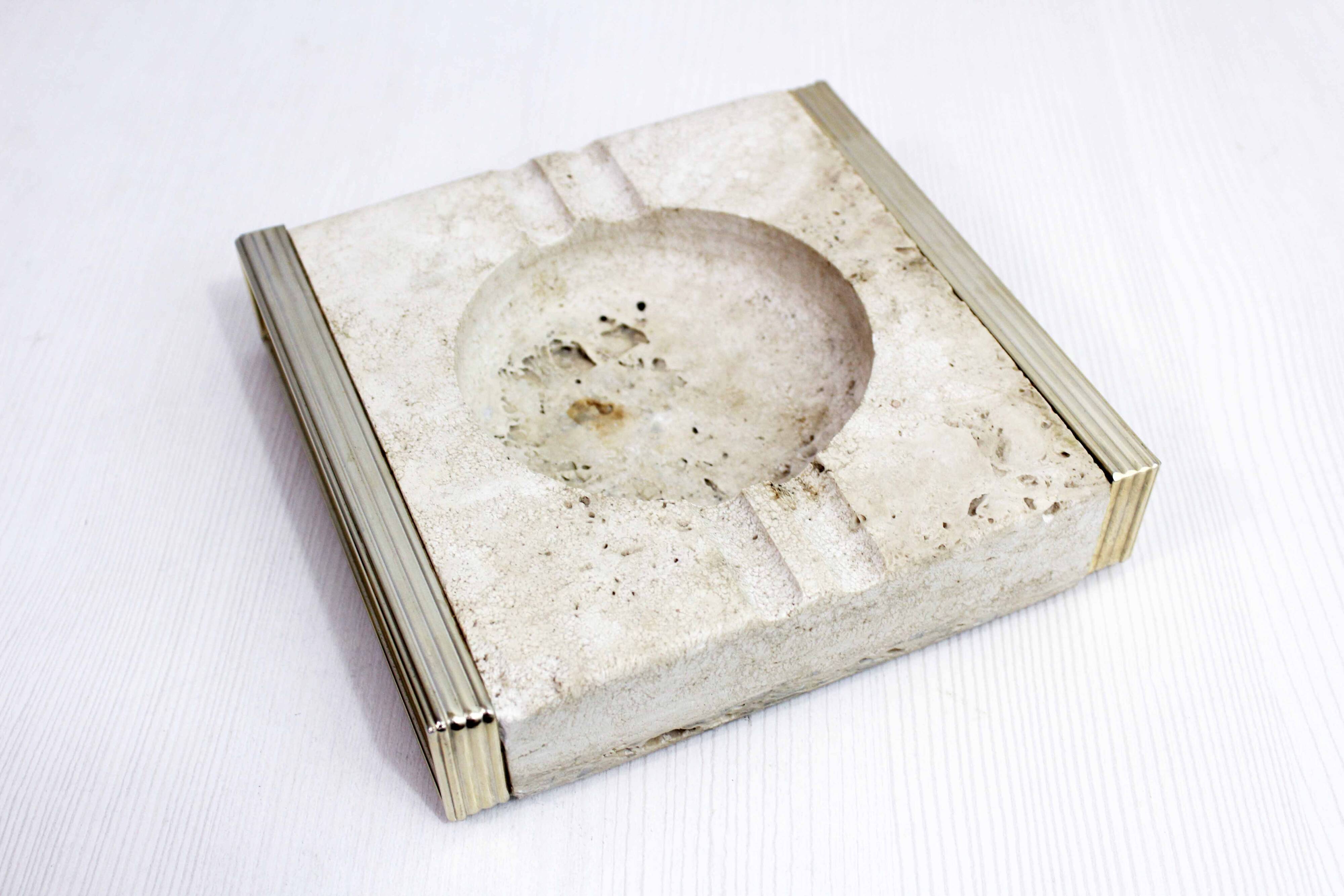 Travertine and brass ashtray