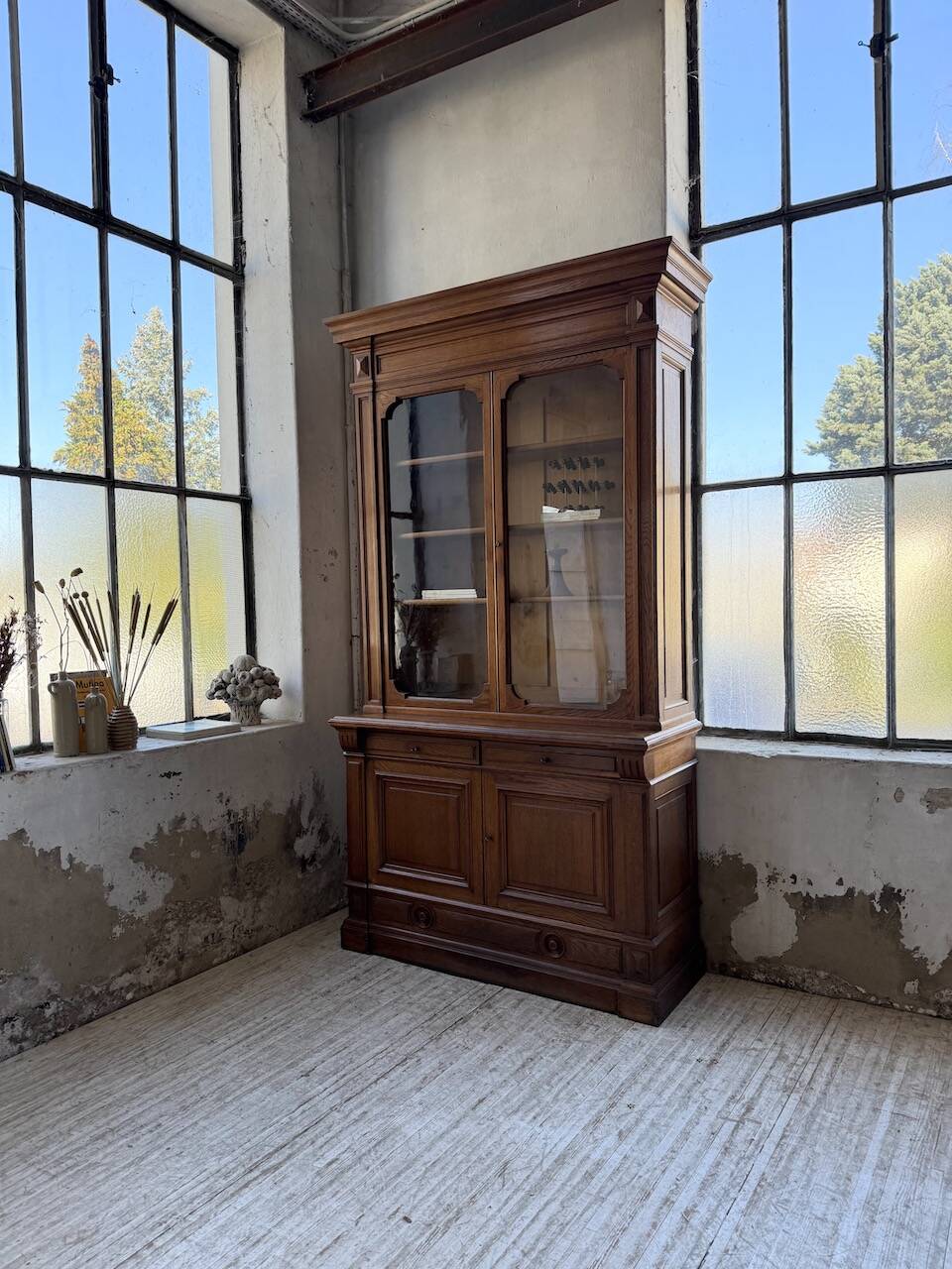 Antique XL Napoleonic oak glass bookcase, 19th century