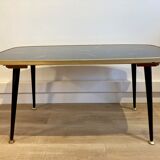 Black glass coffee table wooden legs 60s