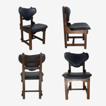 Set of 4 brutalist oak and leather dining chairs, 1960s