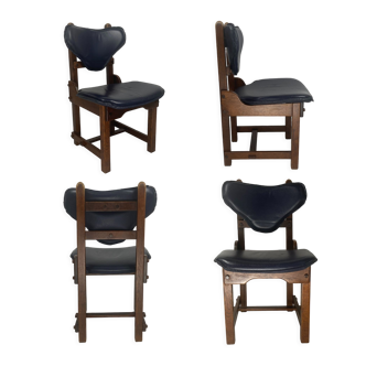 Ensemble de 4 chaises de salle à manger brutalistes en chêne et cuir, années 1960