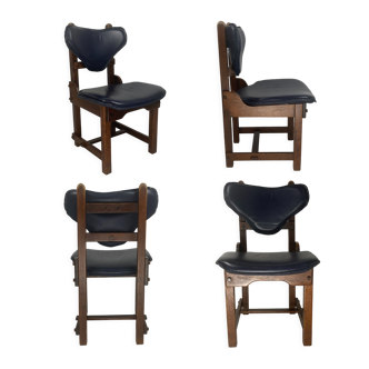 Set of 4 brutalist oak and leather dining chairs, 1960s