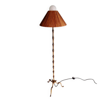 Brass floor lamp with rattan shade, 1950s-60s.