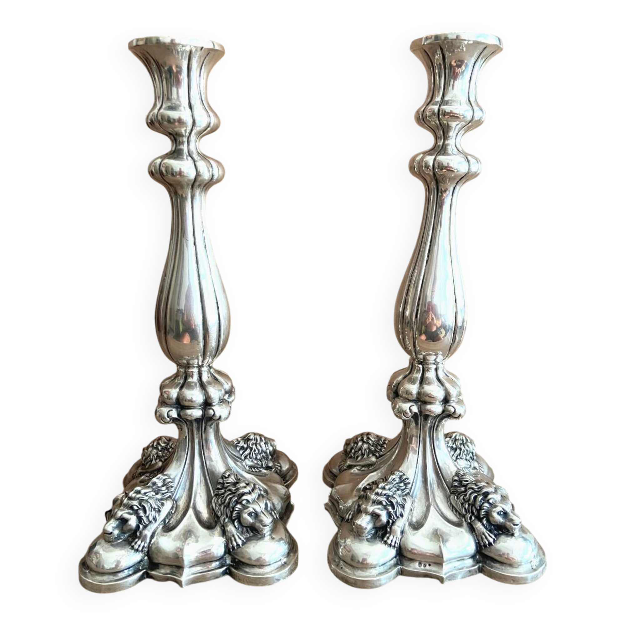 Antique Pair of Solid Silver Flambeaux Candlesticks with Unicorn Hallmark, Early X