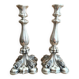 Antique Pair of Solid Silver Flambeaux Candlesticks with Unicorn Hallmark, Early X