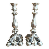 Antique Pair of Solid Silver Flambeaux Candlesticks with Unicorn Hallmark, Early X