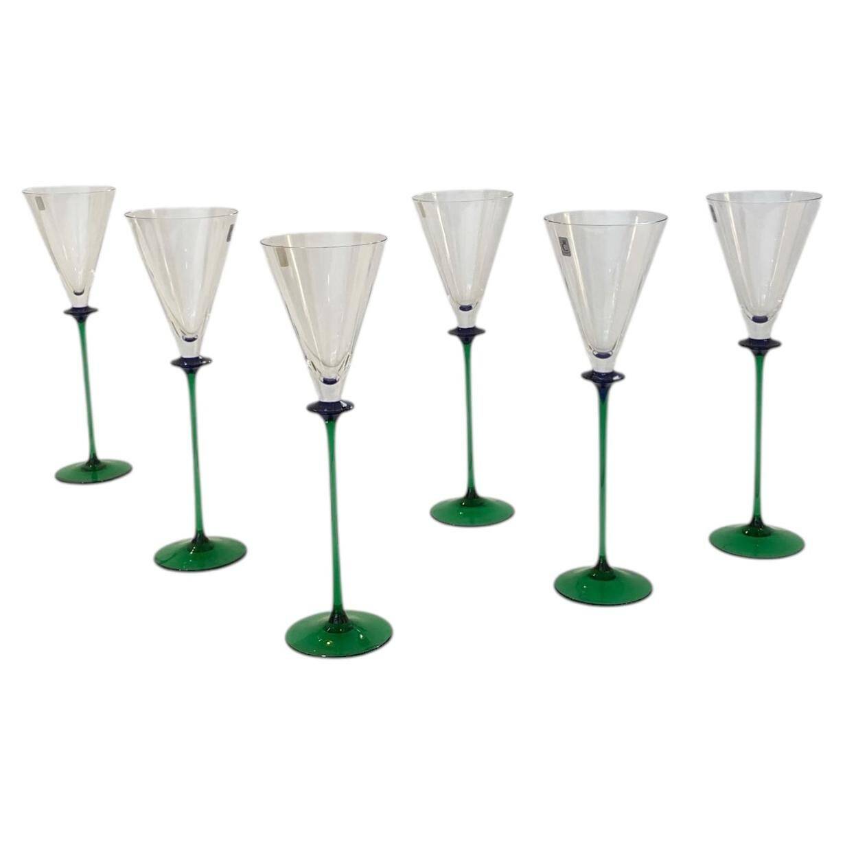 A Set of 6 Hand-blown Emerald Green Cobalt Blue Stem Champagne Flutes Art
