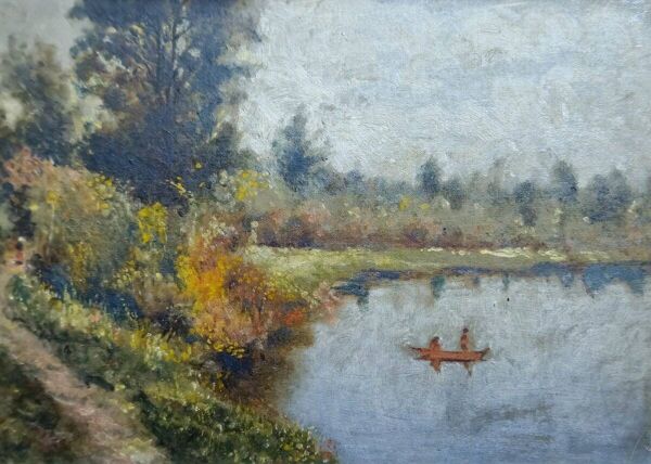 Huile sur panneau ancienne – paysage au bord de l’eau – cadre ancien doré