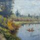 Oil on panel antique – waterside landscape – antique gilded frame