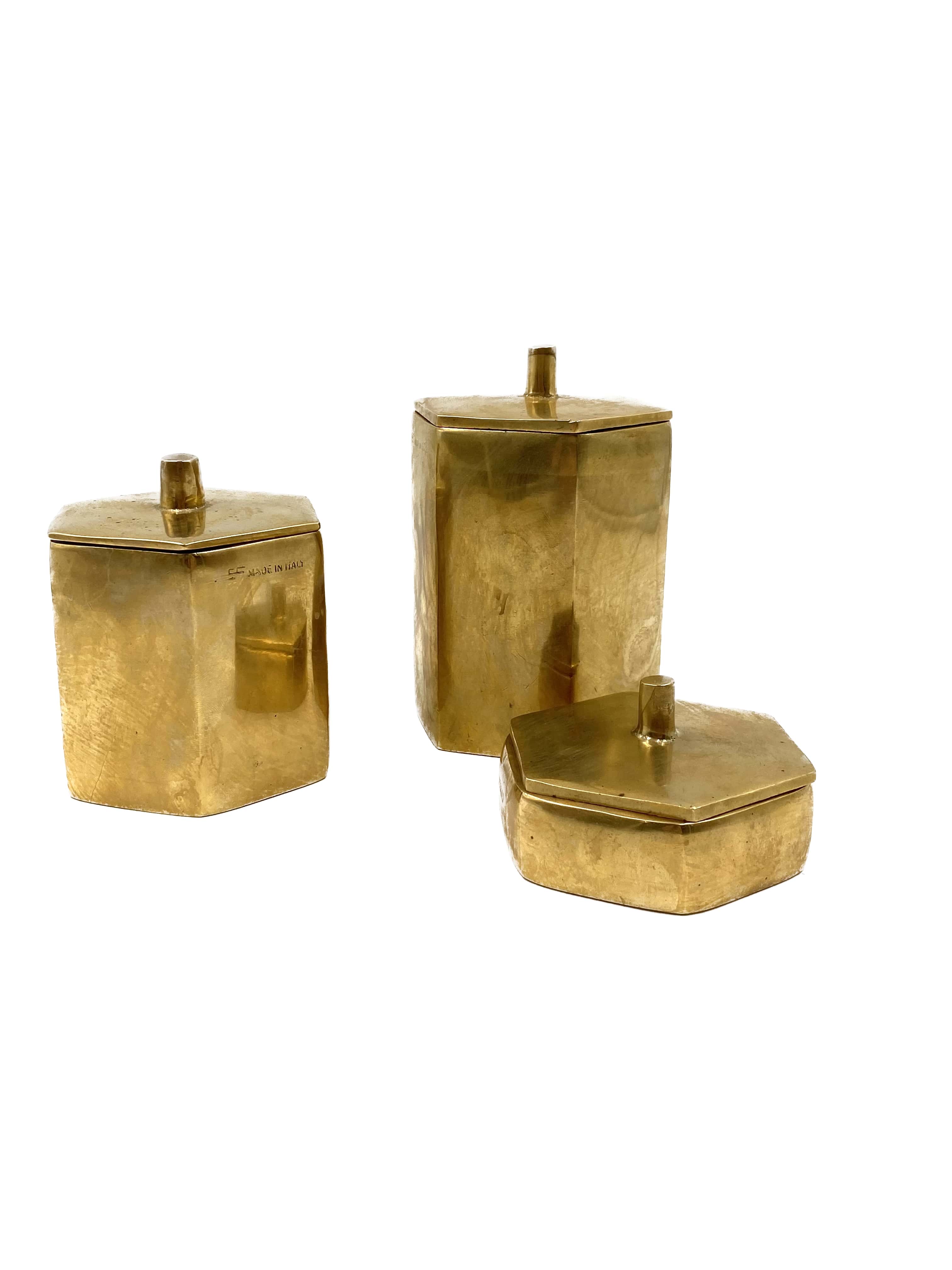 Set of 3 solid Brass boxes , De Falco Italy 1970s