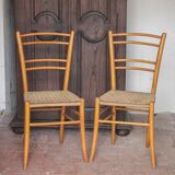 Pair of wooden chairs with vintage rope seats, vintage rope chairs