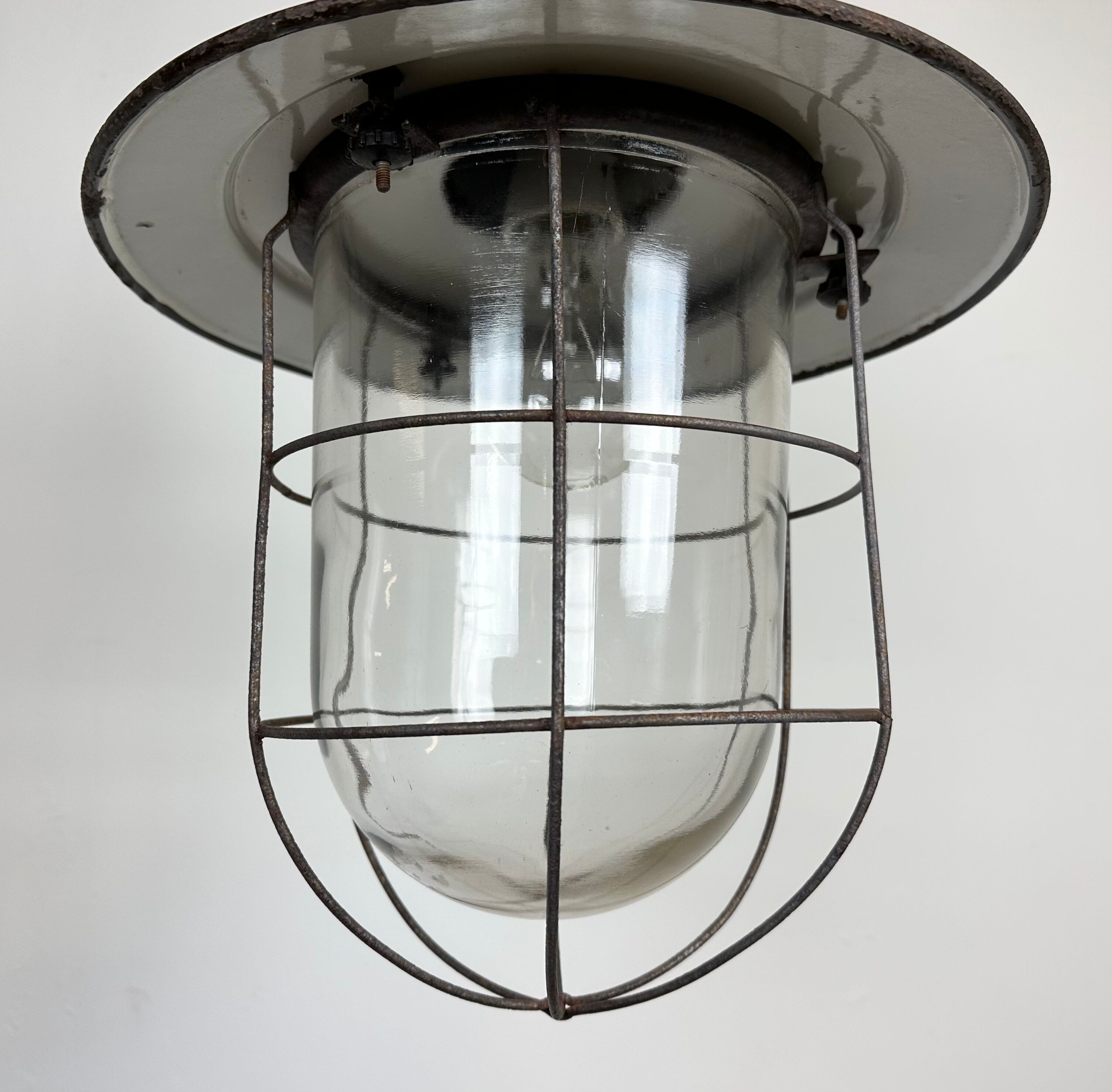 Industrial green enamel cage pendant light, 1960s