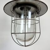 Industrial green enamel cage pendant light, 1960s
