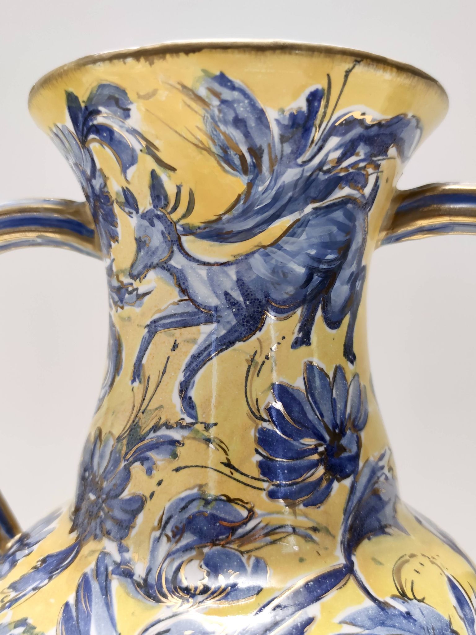 Vintage Handmade Yellow and Blue Glazed Ceramic Amphora by Zulimo Aretini, Italy