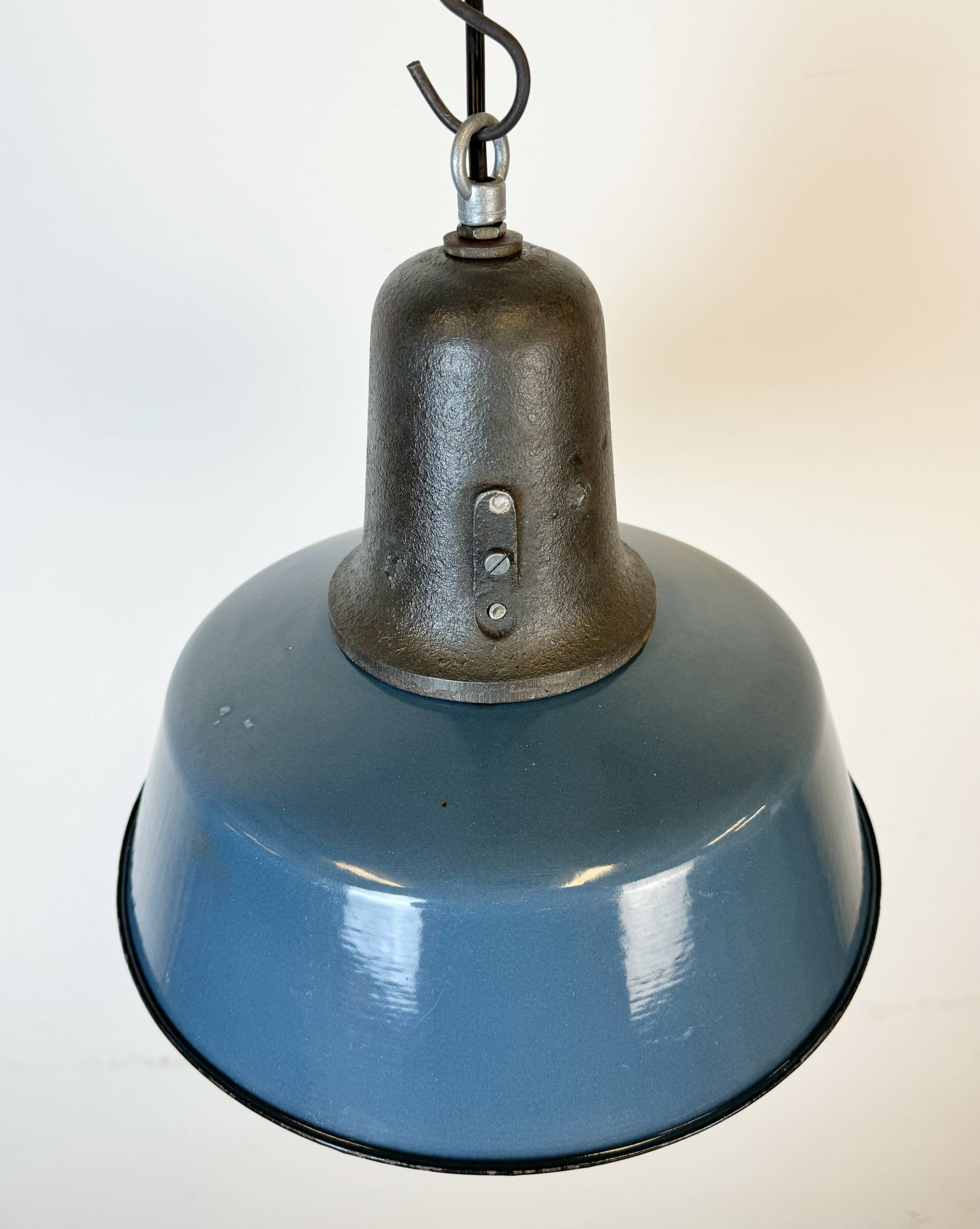Industrial Blue Enamel Factory Lamp with Cast Iron Top, 1960s