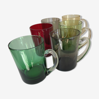 Lot de 6 mugs, tasses vintage coloré en verre soufflé style Murano
