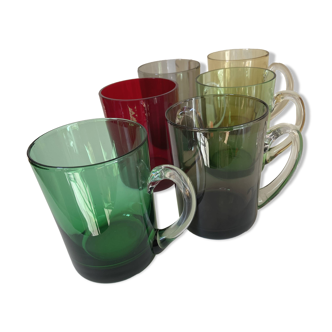 Set of 6 vintage colored Murano style blown glass mugs / cups