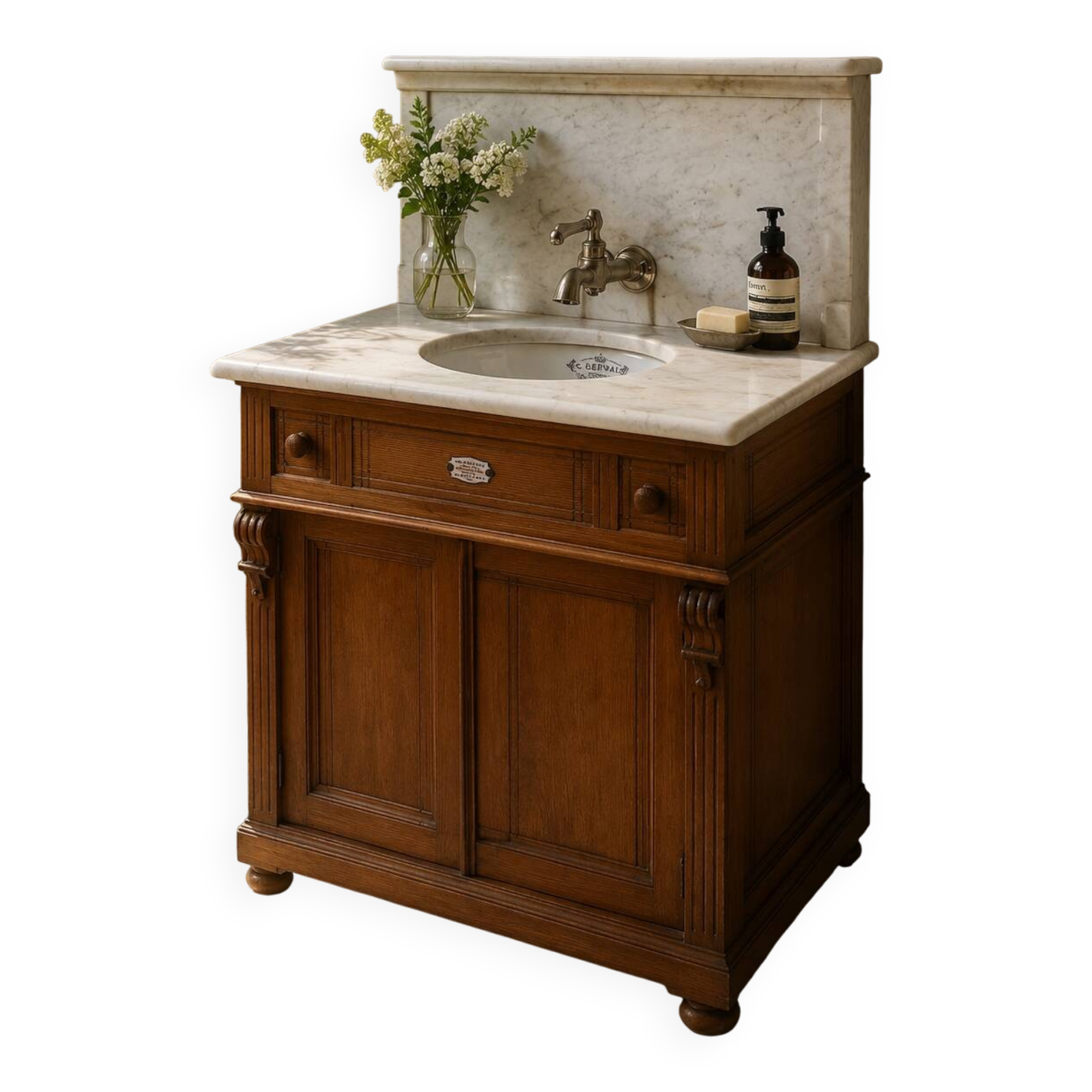 Meuble lavabo ancien Art Nouveau en bois et marbre C. Gervais Lyon