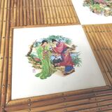 Round coffee table in japanese ceramic bamboo rattan 1960