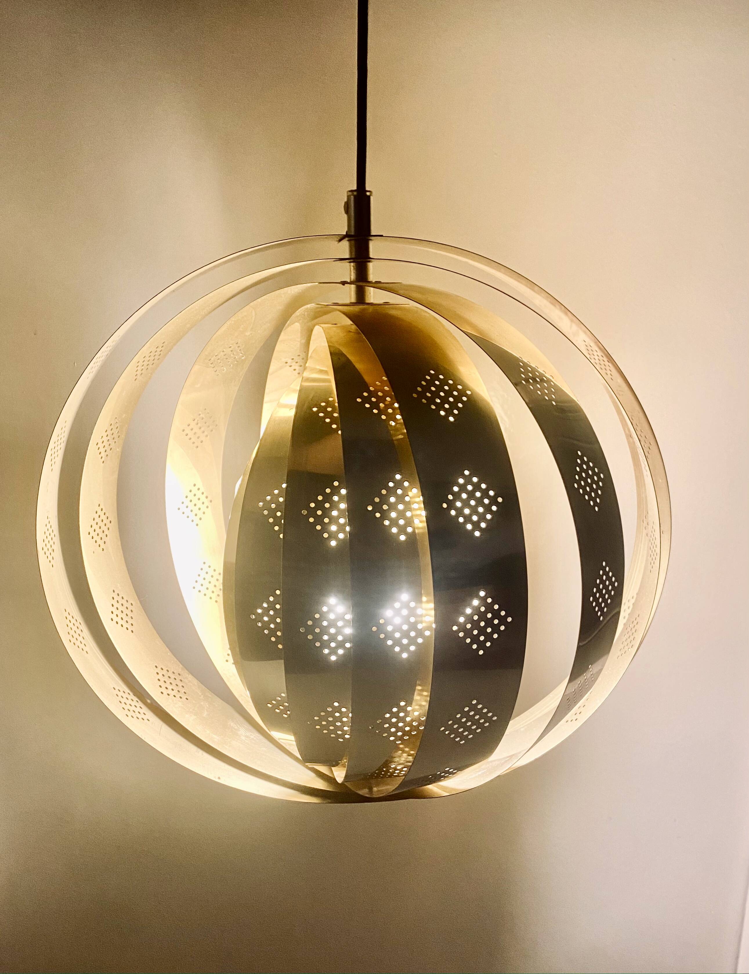'Moon' pendant lamp, in brass and glass strips, 1970s