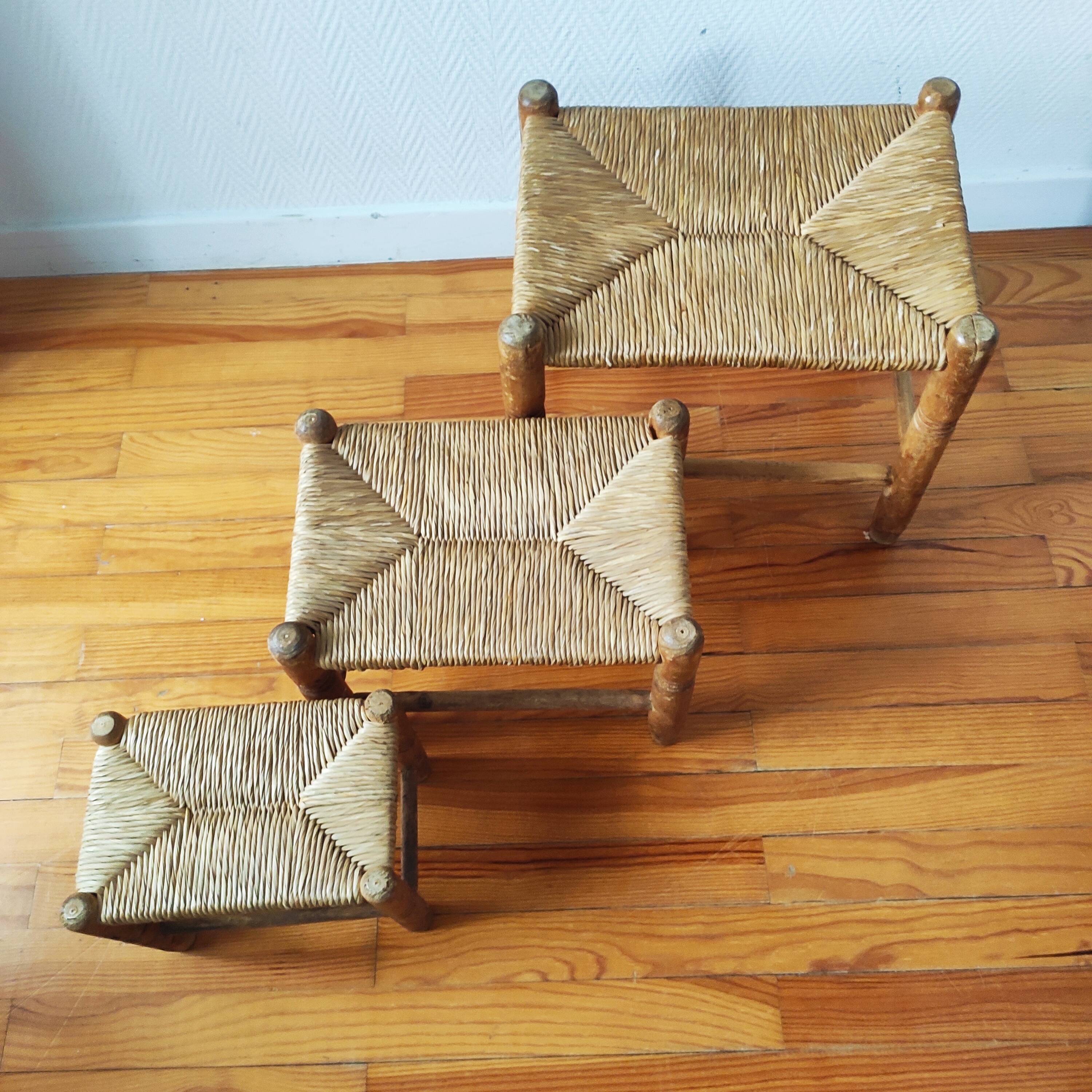 Set of 3 small wooden and straw benches/stools Vintage 60-70s