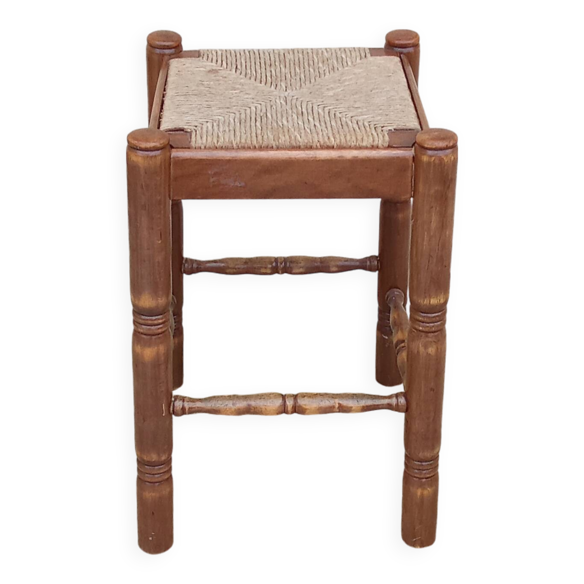 Tabouret haut vintage en paille et bois
