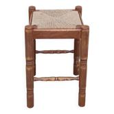 Tabouret haut vintage en paille et bois