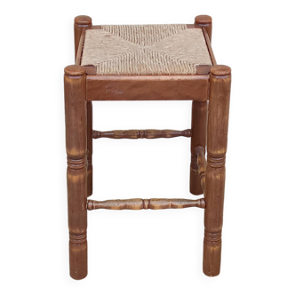 Tabouret haut vintage en paille et bois