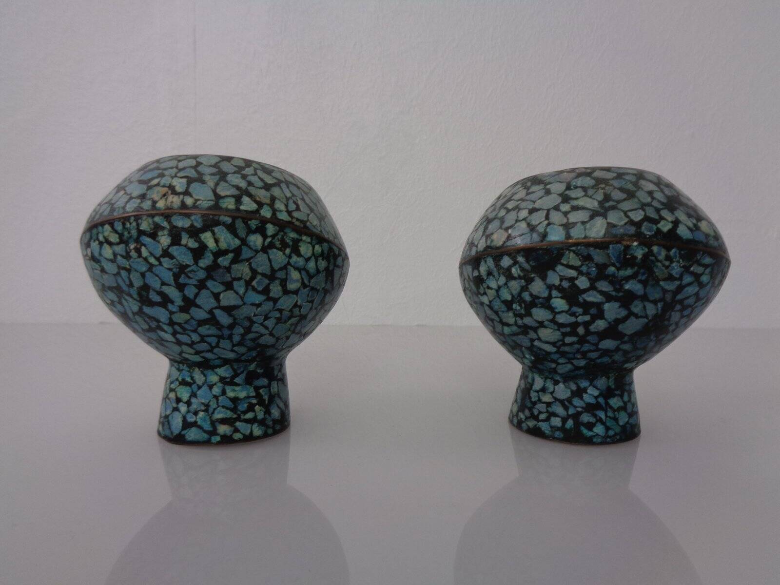 Vintage Indian Copper & Turquoise Stone Ashtrays, 1960s, Set of 2