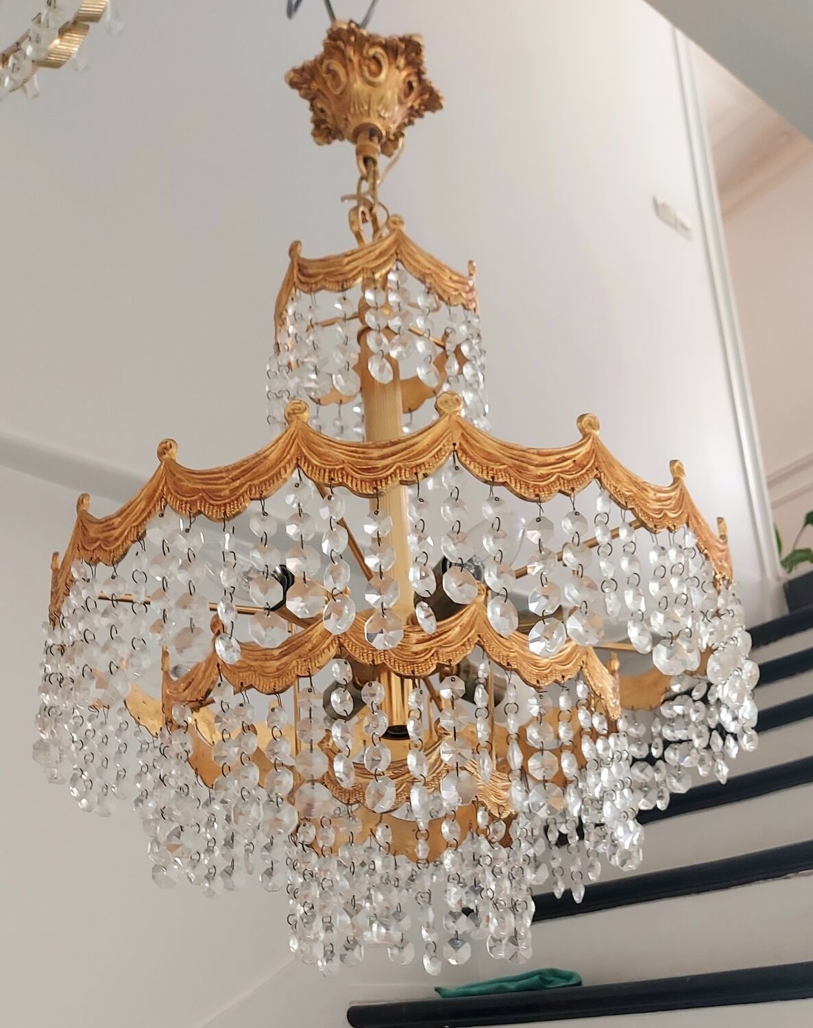 Post Art Deco 4-Tier Gold-Plated Brass & Crystal Chandelier – 1960s