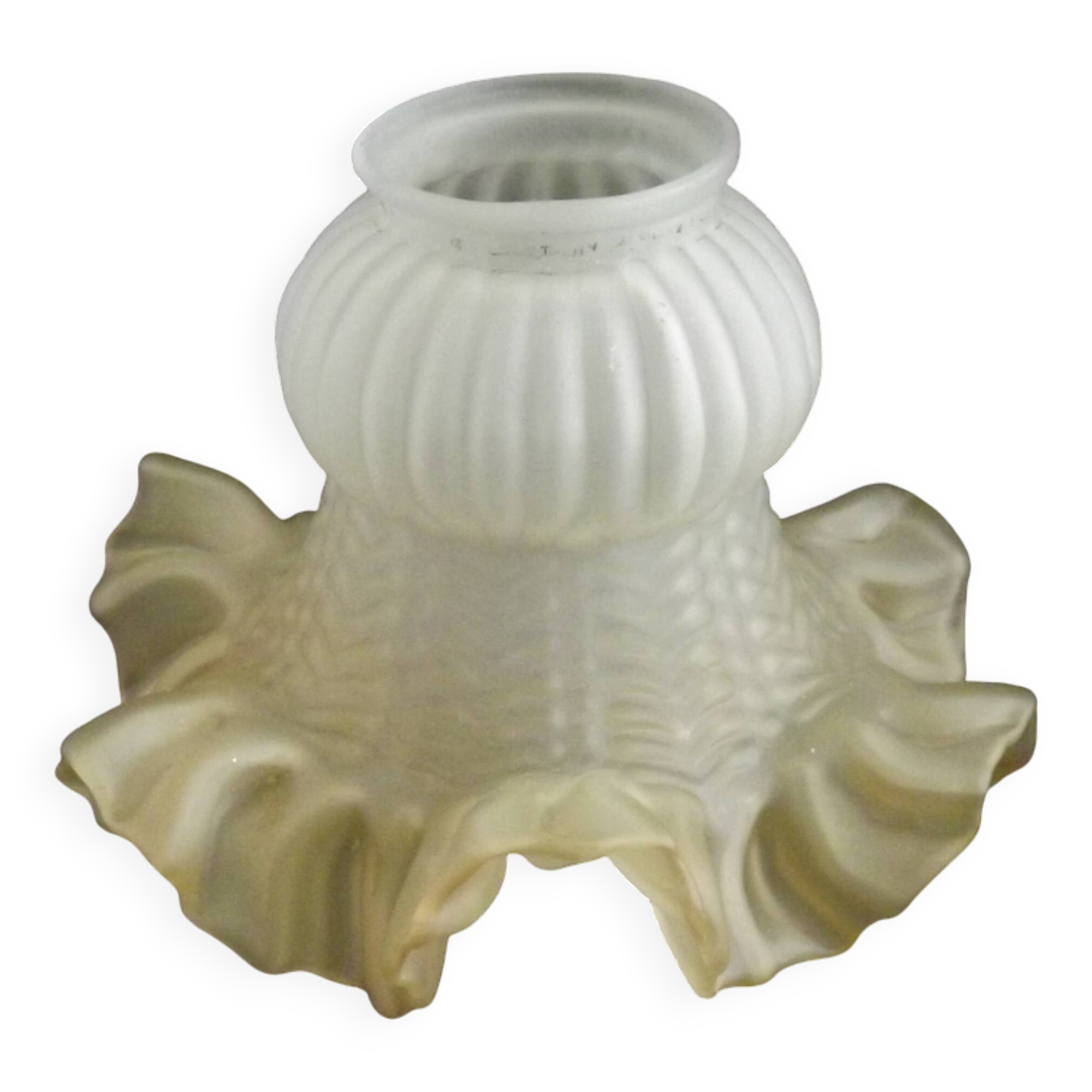 Vintage French Opaque White Glass Replacement Shade with Frilled Amber Edge