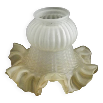 Vintage French Opaque White Glass Replacement Shade With Frilled Amber Edge