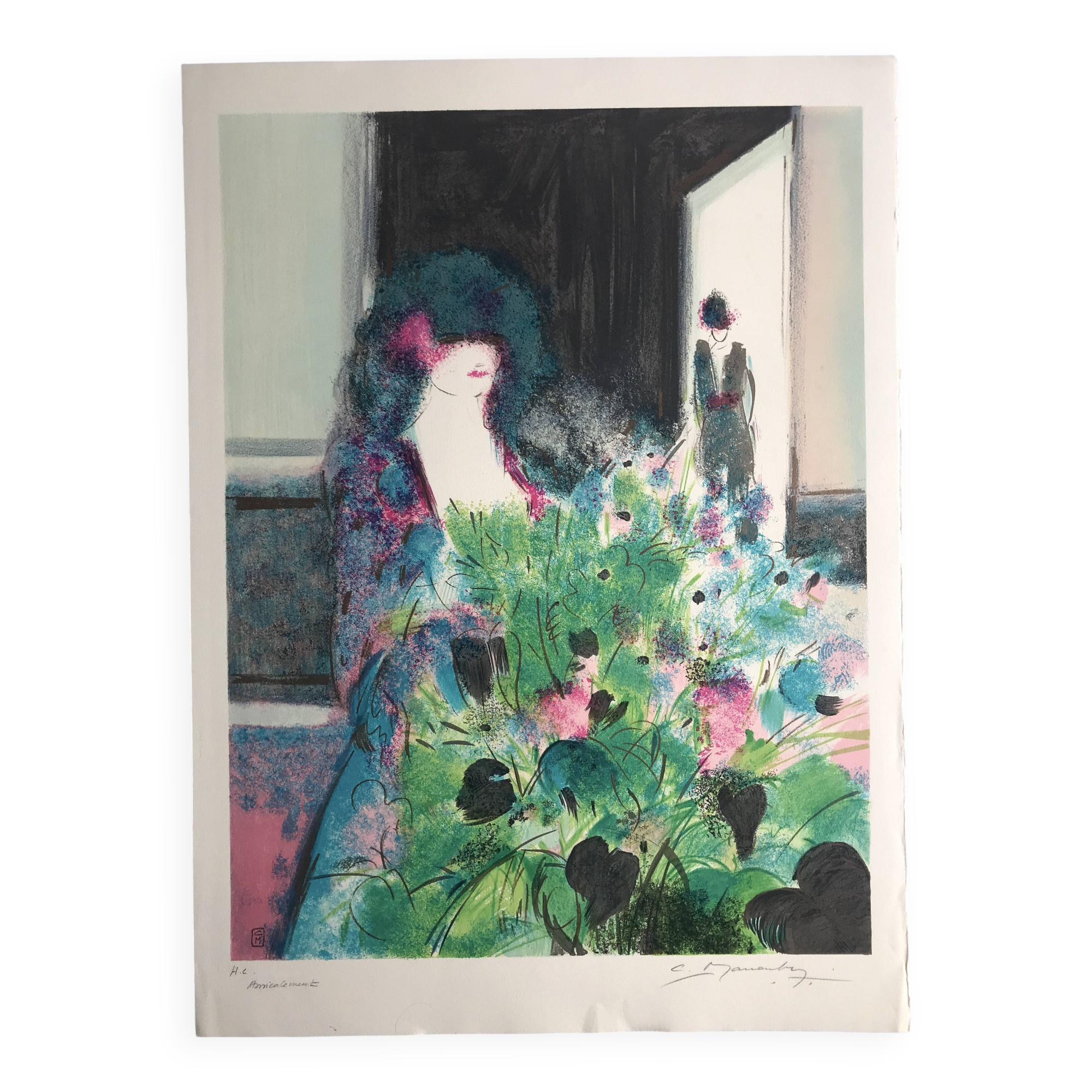 Claude manoukian woman with a bouquet, 1980. lithograph signed in pencil