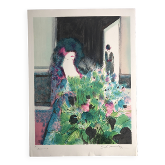 Claude manoukian woman with a bouquet, 1980. lithograph signed in pencil
