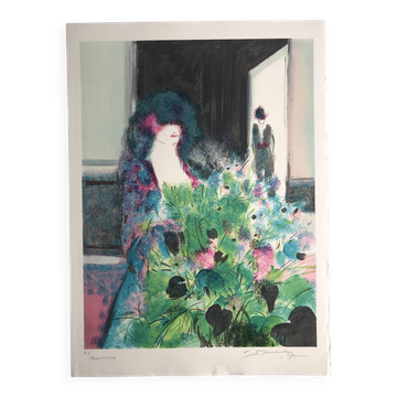 Claude manoukian woman with a bouquet, 1980. lithograph signed in pencil