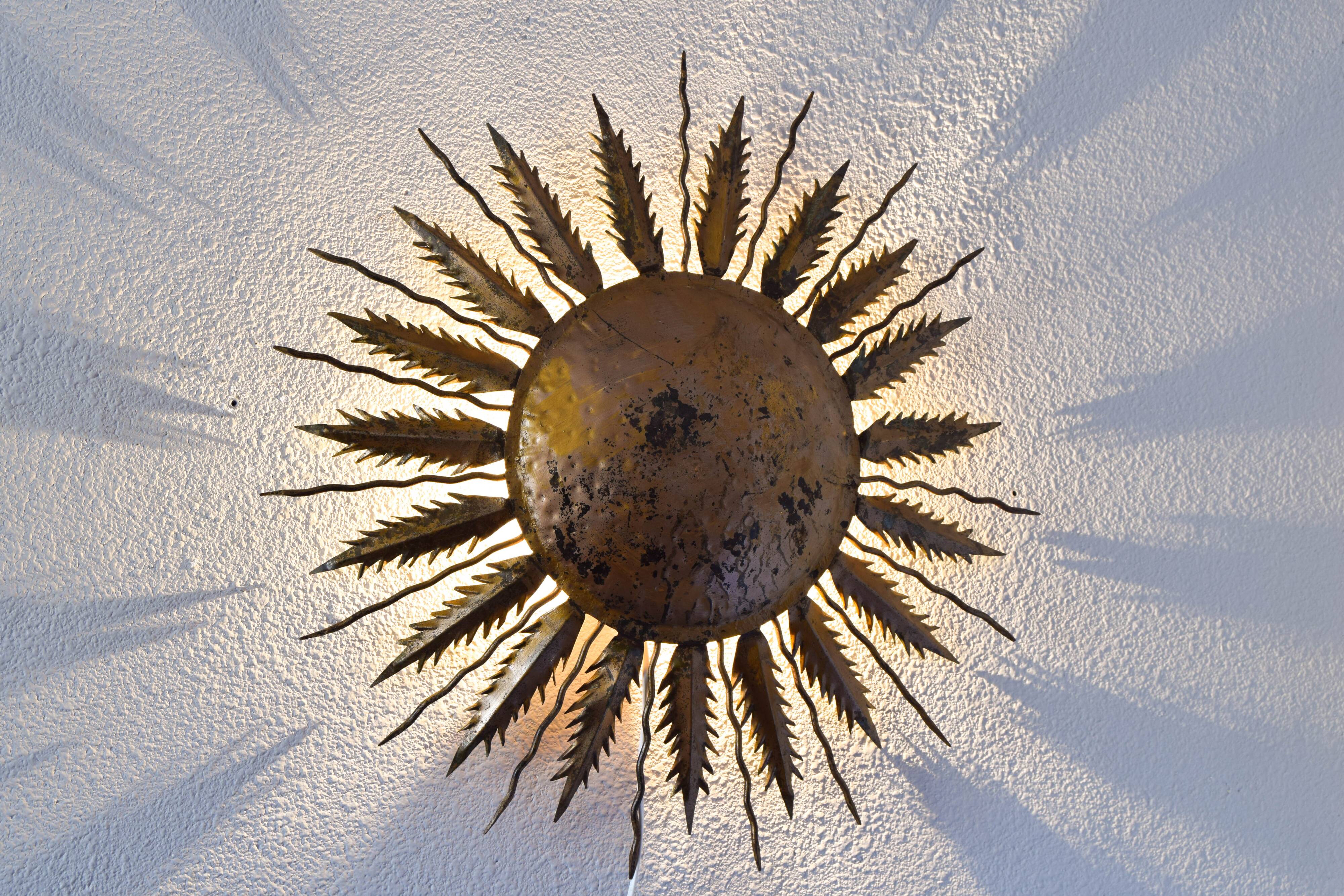 Hollywood Regency Old Sun Golden Flush Mount Light Es