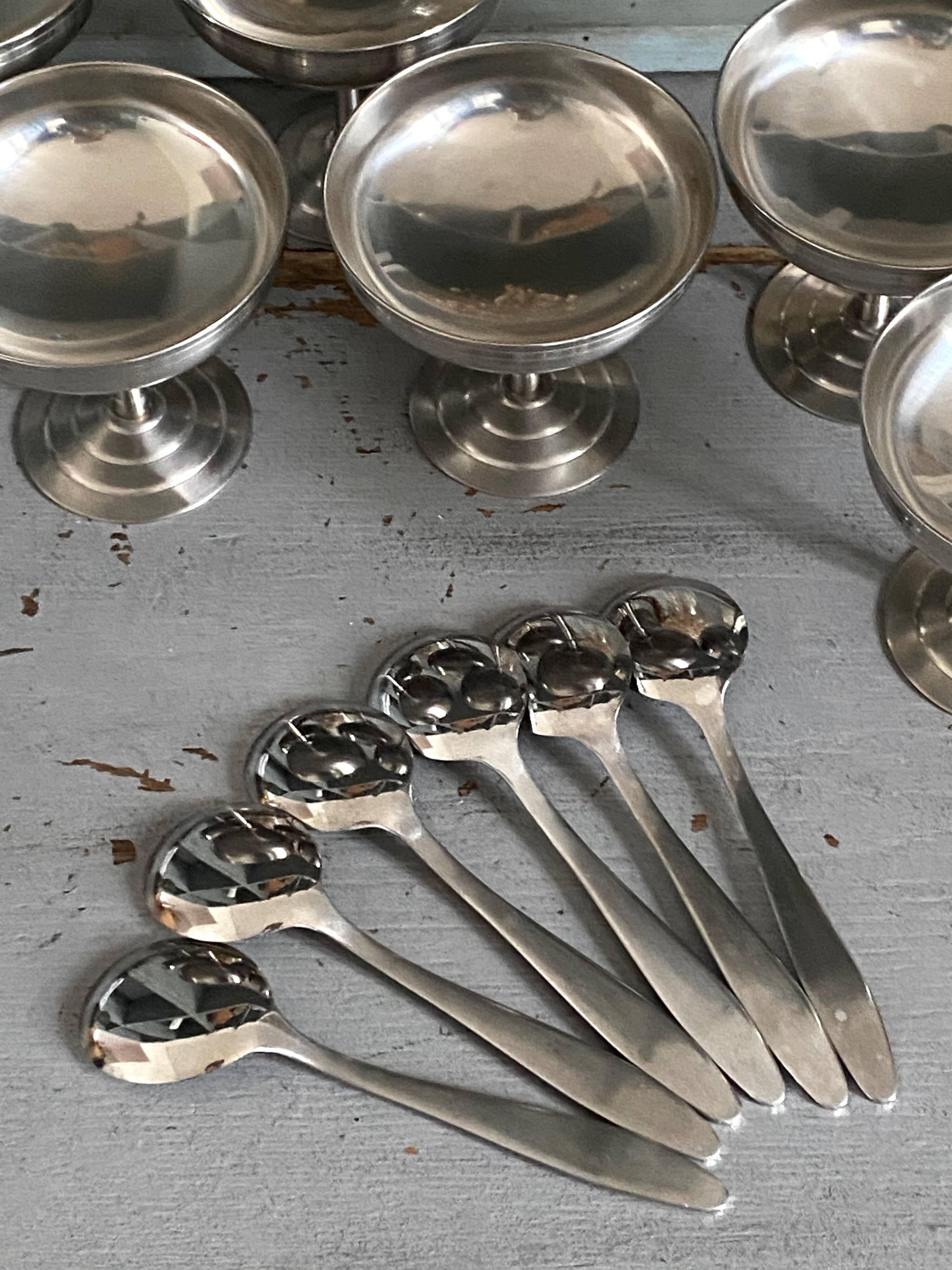 Ice cream cup with spoons, vintage stainless steel