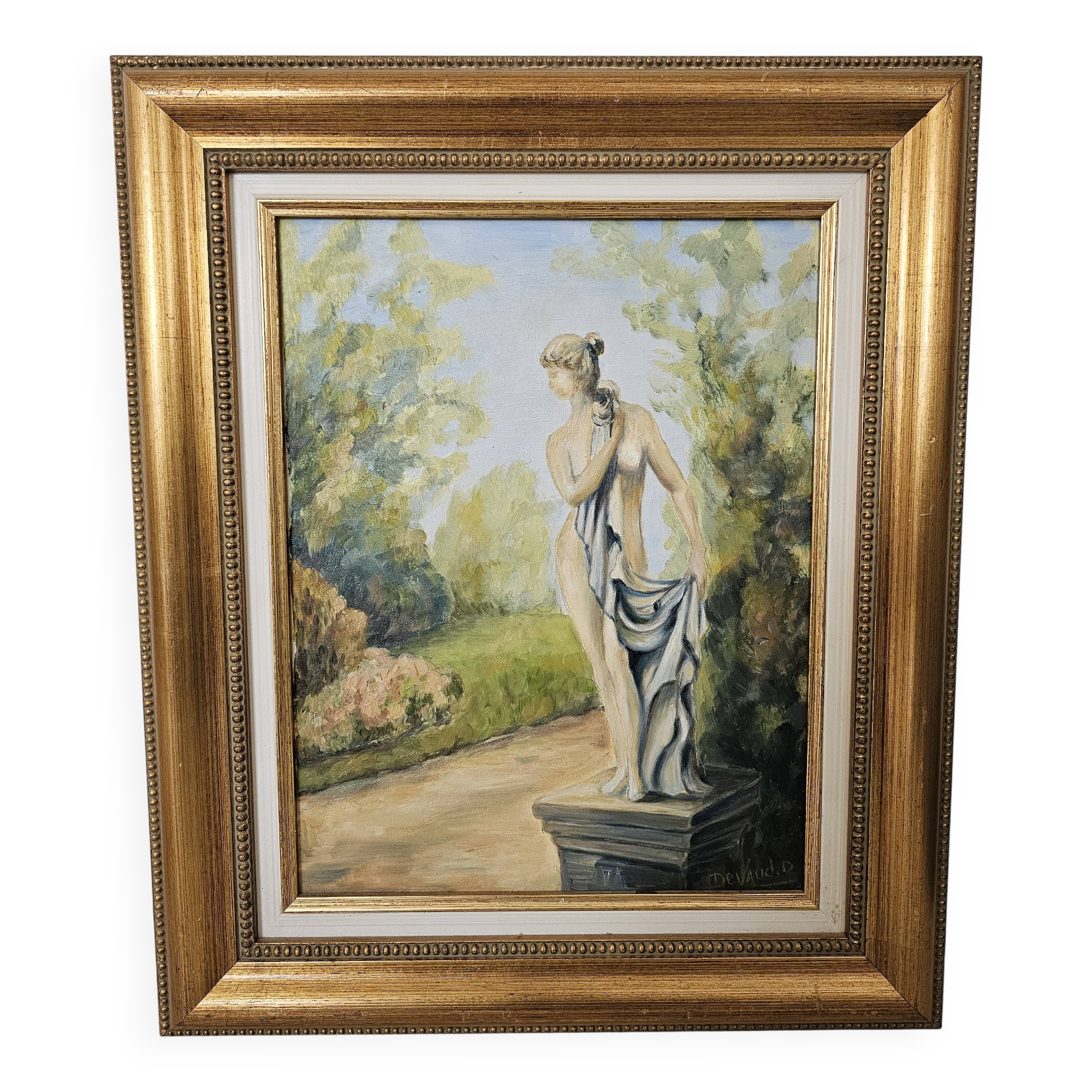 Oil on Canvas - Statue in a Park Signed Devaud