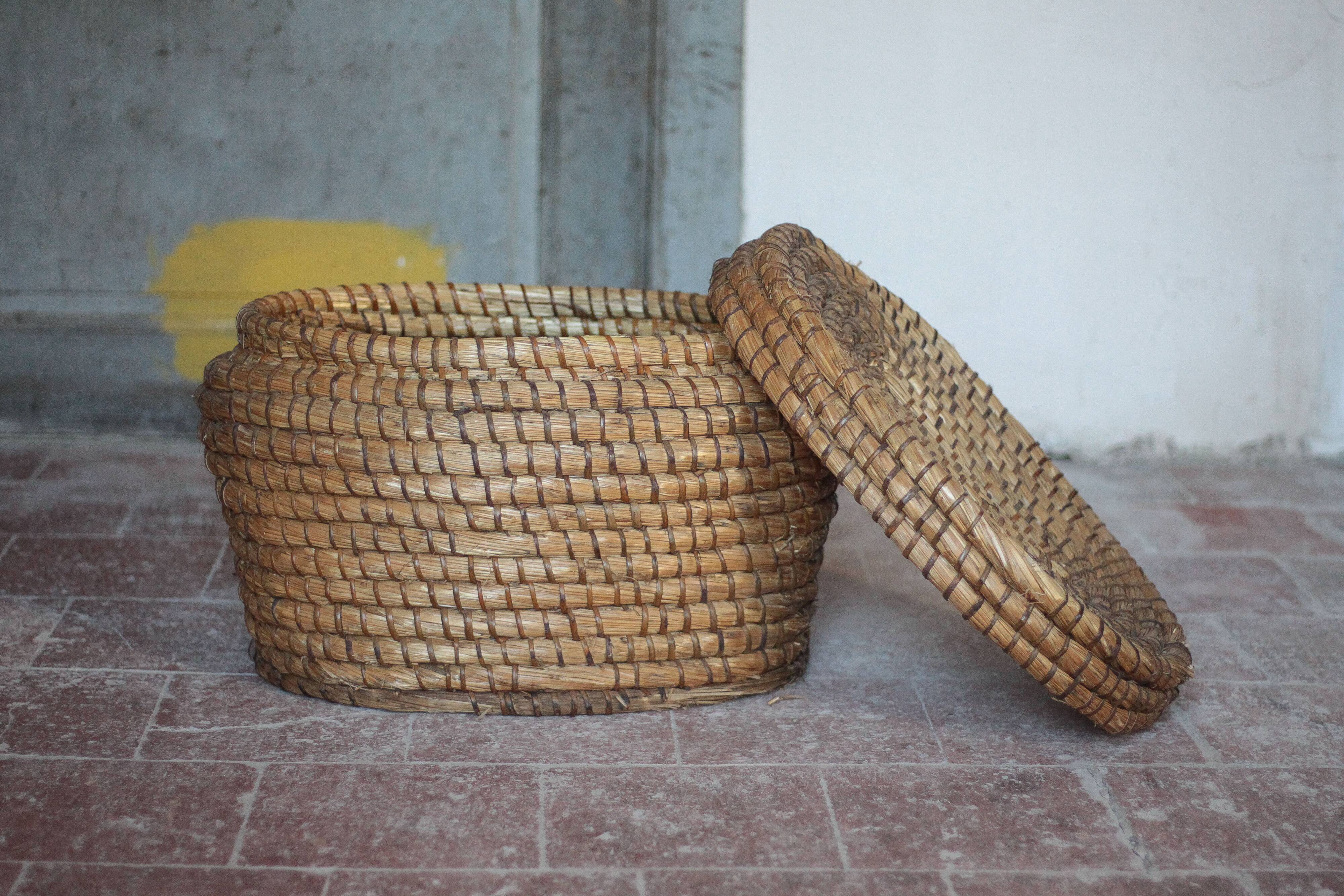 Antique basket, straw and bramble, woven basket with lid