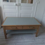 Coffee table made from a desk of the 40s, tray and green shelf