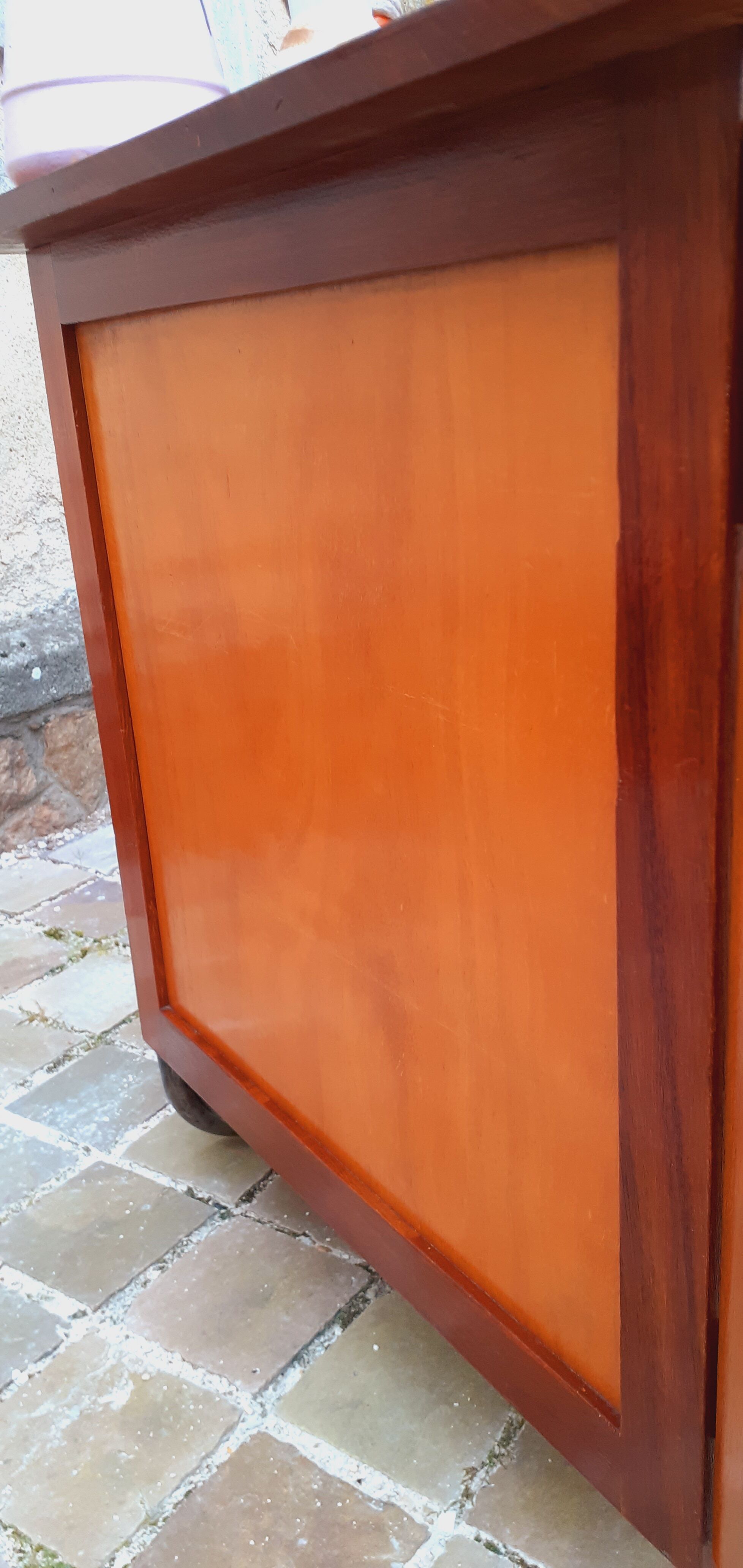 Vintage tubular desk year 50 in solid teak and light wood veneer