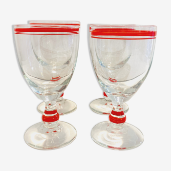 4 verre à pied transparent avec rayures rouges- années 80-retro-vintage-cuisine