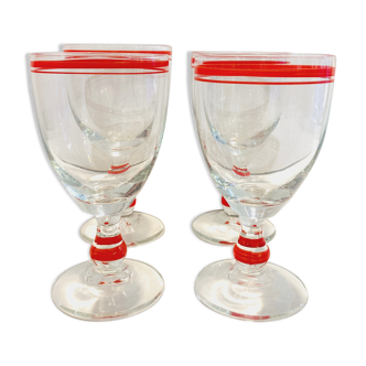 4 verre à pied transparent avec rayures rouges- années 80-retro-vintage-cuisine