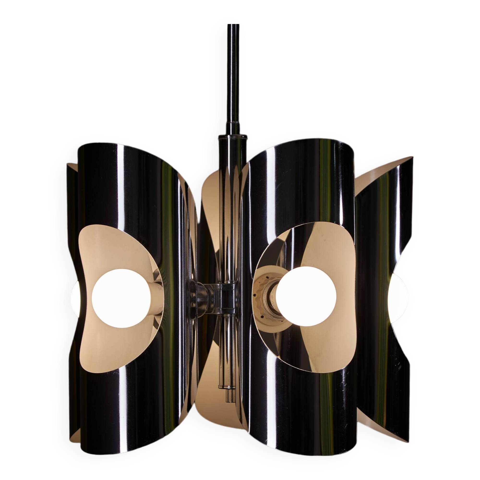 Lustre italien chromé à cinq lumières et abat-jour cylindrique, années 1970