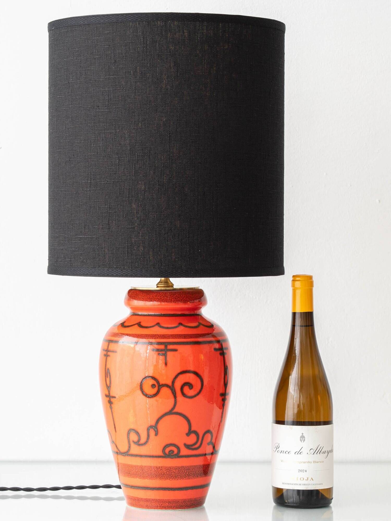 Dutch Orange Gouda Ceramic Table Lamp 'Tokio', 1970s, New Black Linen Shade