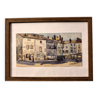 Old watercolour signed marius alamartine "hôtel de la halle" in charlieu