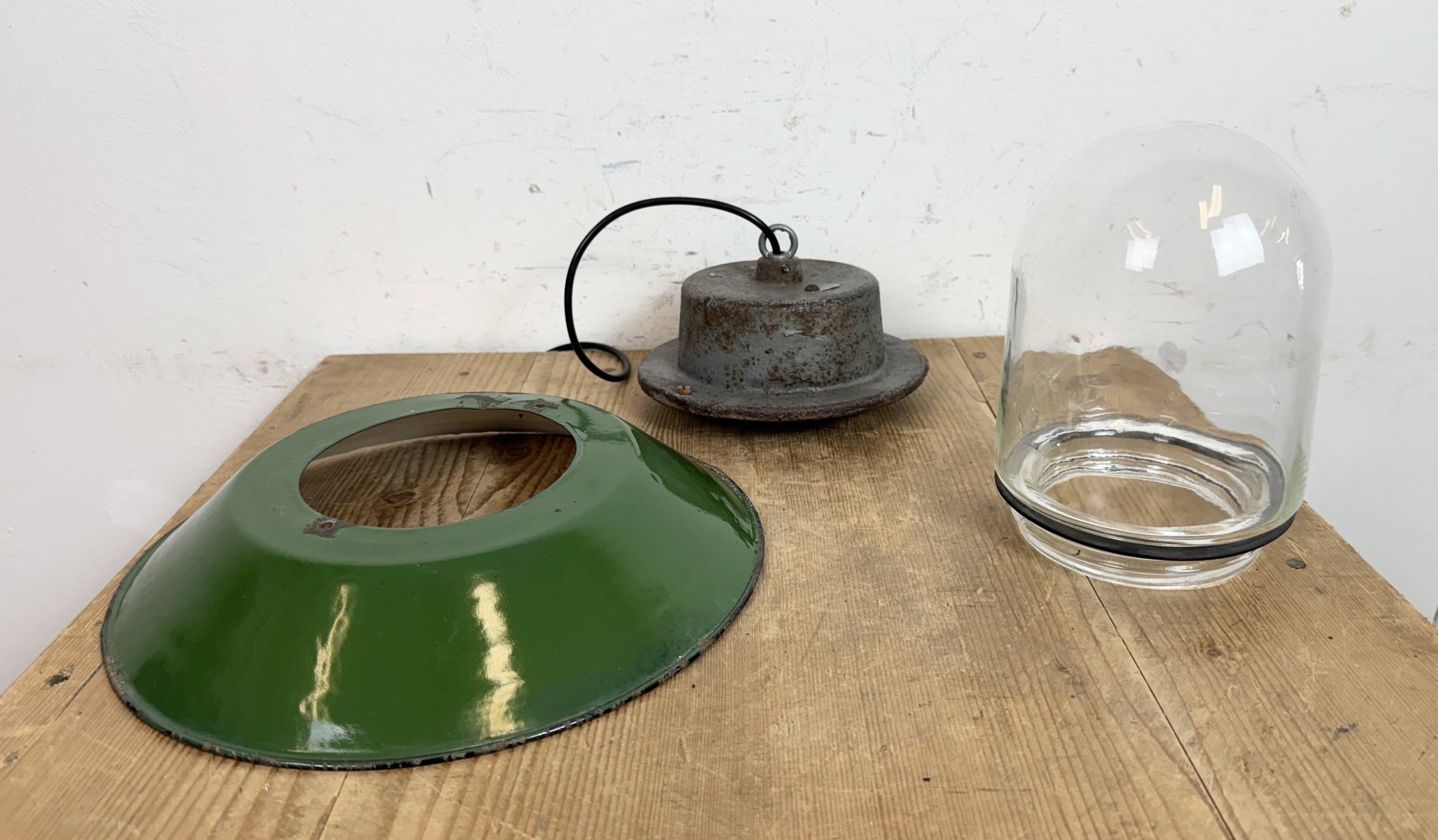 Green Enamel and Cast Iron Industrial Pendant Light, 1960s