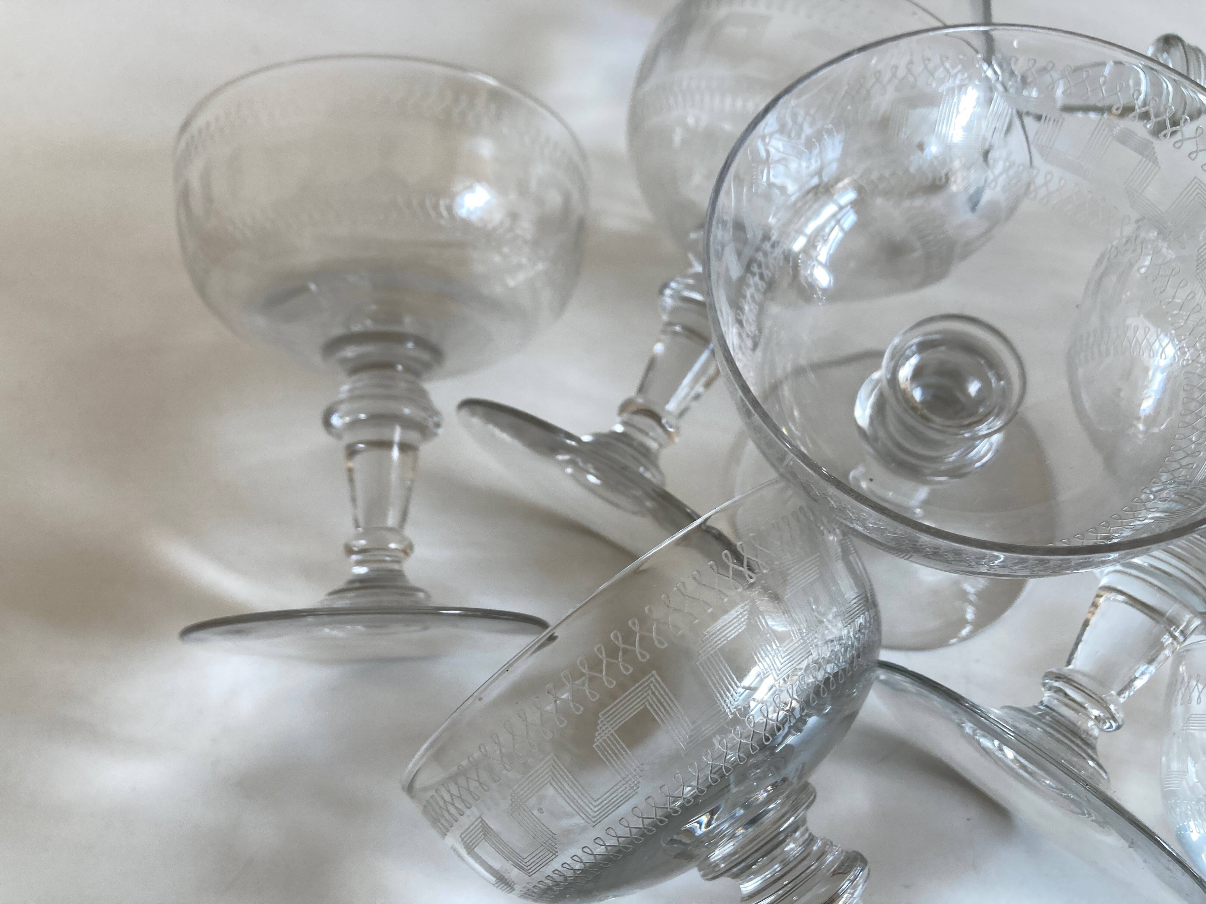 set of 8 neo classic engraved half crystal champagne glasses 1900
