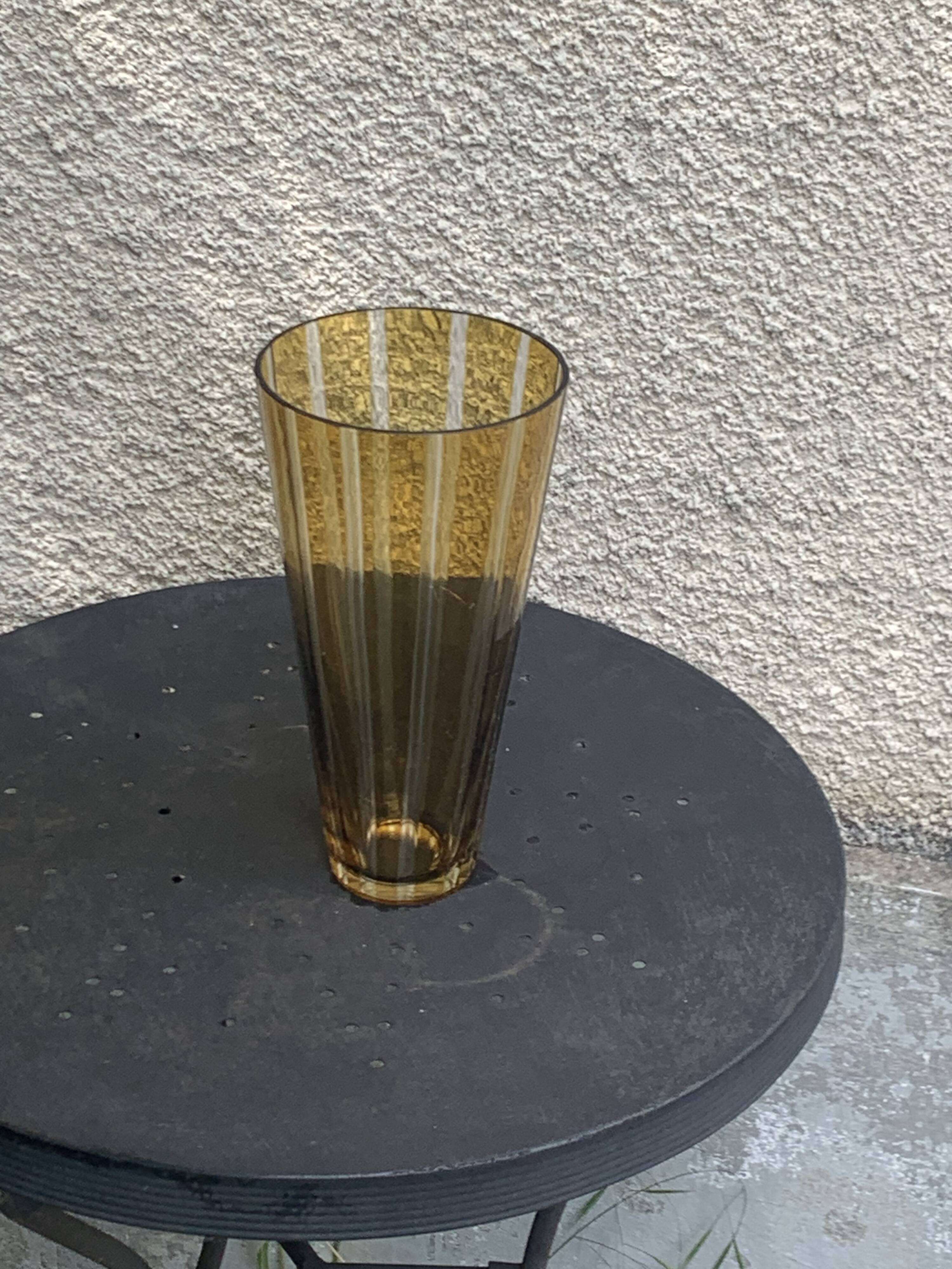 Bayadere patterned vase in glass, transparent and vintage ochre